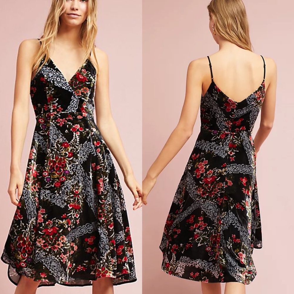 Anthropologie Eri & Ali Burnout Velvet Midi Tea Length Dress Size 14 Worn Once